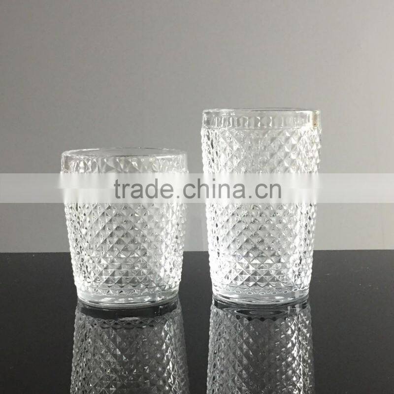 Fancy diamond embossed round leadfree drinking glass tea cup