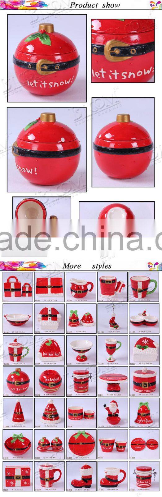 Funny round red ceramic christmas cookie jar
