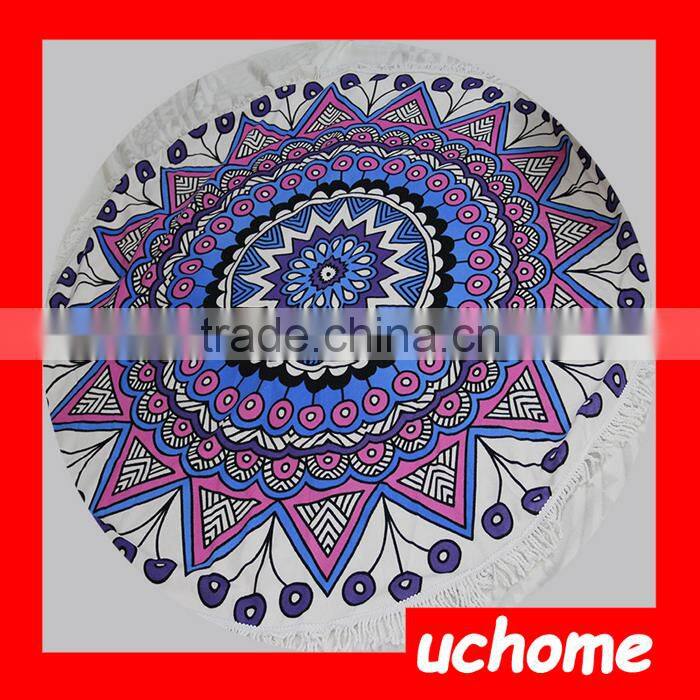 UCHOME High Quality Custom Beach Blanket Reactive Printed Circular 100% Cotton Tassel Beach Towel Round