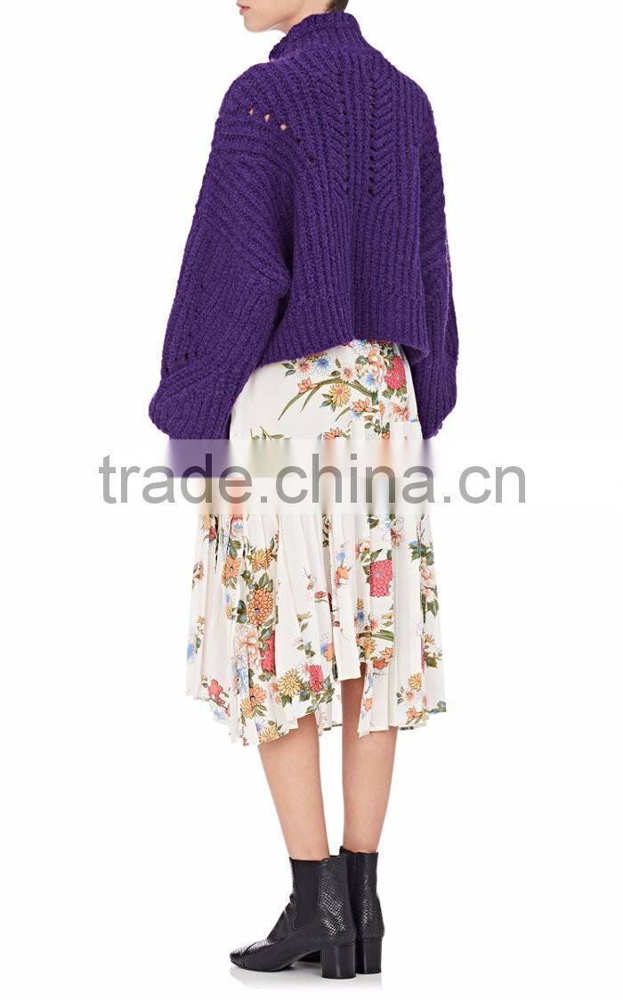 Customized Lady's Apparel Multicolor Asymmetric Hem Pleated Floral Silk Midi Skirt(DQM018S)