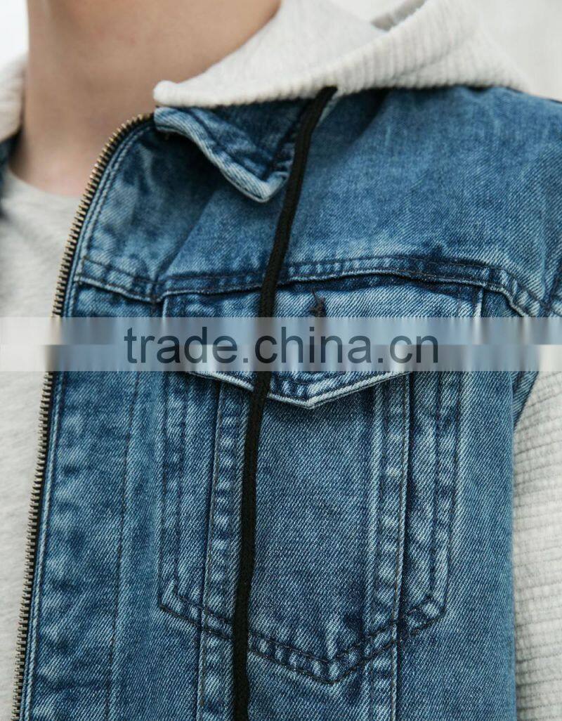 Wholesale China fashion hooded mens jersey sleeve denim jacket