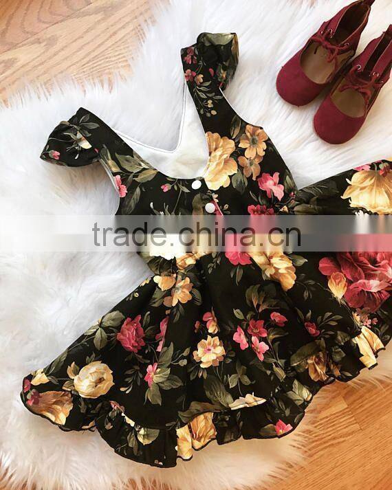 Toddler girls fall autumn black burgundy floral vintage boho short ruffle dress