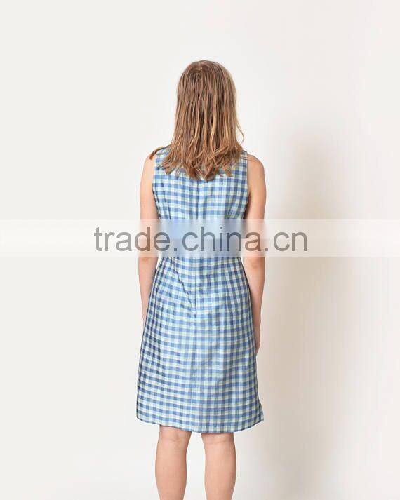 Women Summer Blue Gingham Dress Vintage Sleeveless Dress For Girls