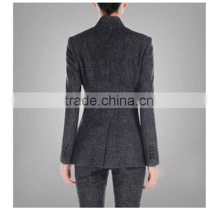 Custom Gery Fashion Blazer Of Ladies Two Button Mandarin Collar Suit