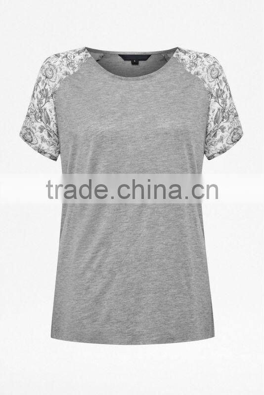 100% Viscose Jersey T-Shirt Top with Printed Chiffon Sleeve