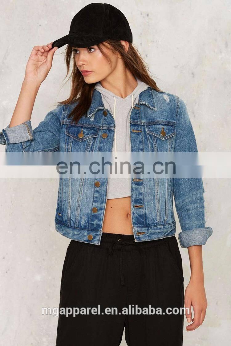 China custom jacket in new model distressed embroidered denim jacket women