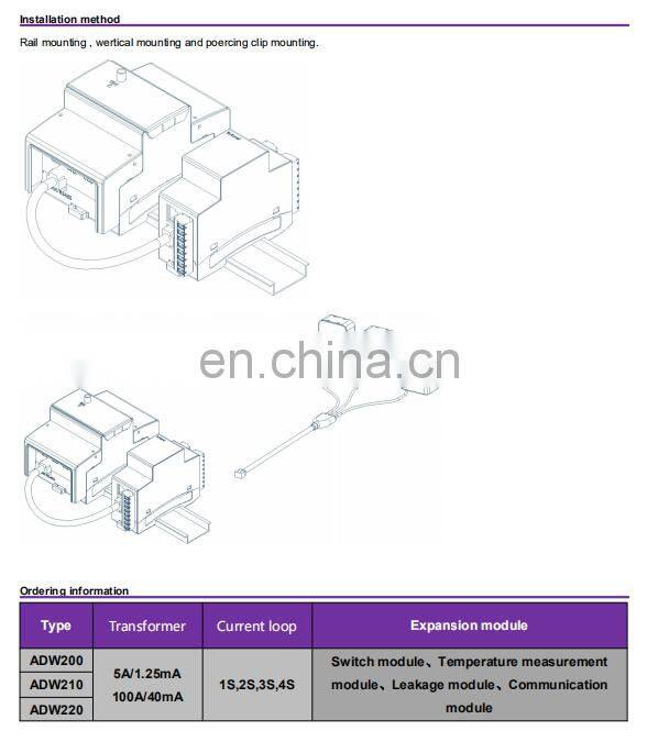 wireless 2 G 4G LORA NB din rail ADW200-D10-2s multi circuit modbus energy meter with split CT