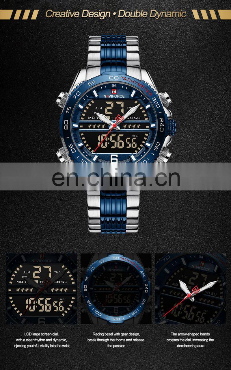 NAVIFORCE 9195 Luxury Brand Digital Sport Watch Men Steel Band Waterproof Chronograph Alarm Clock Luminous Quartz Wristwatch