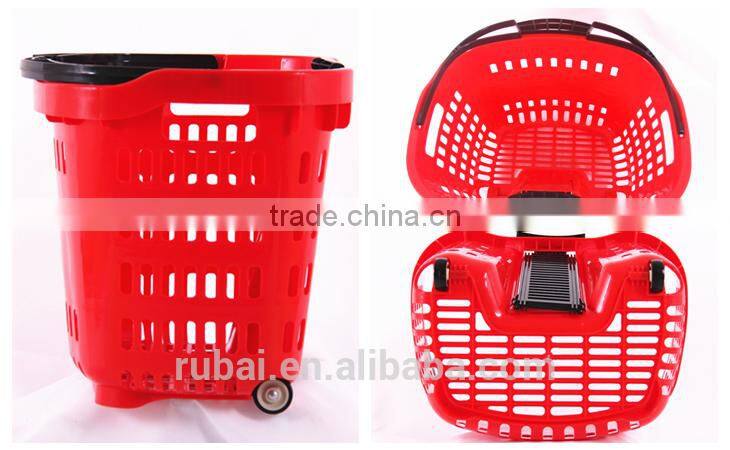 Retail grocery plastic shopping baskets with wheels