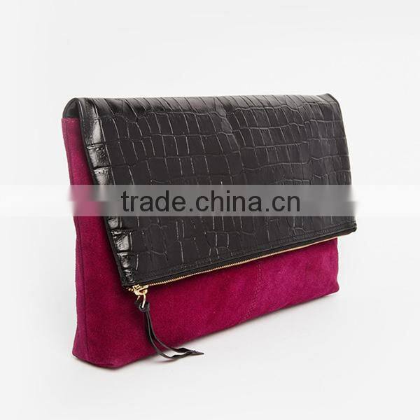 Fashion Foldover Marsala Burgundy Suede Clutch Bag With Crocodile Pattern Flap
