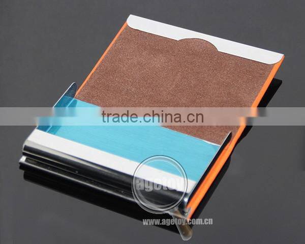 Orange Color Leather Stainless Steel Metal Leather Business Card Holder