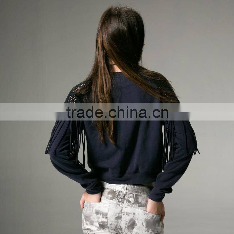 PT-045 Tassel Splicing Cut-Out O-neck Cotton Long Sleeves T-shirt