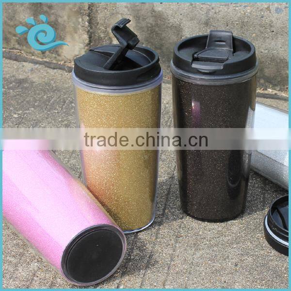 Food Grade 450ML Personalizd Double Wall PS insulated Coffee Mug with Glitter paper insert