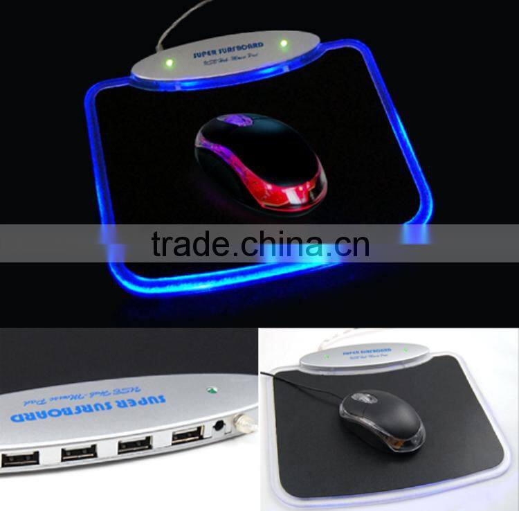 Blue LED Light Mousepad Mouse Pad Mat + 4 Ports USB HUB for PC Laptop Computer
