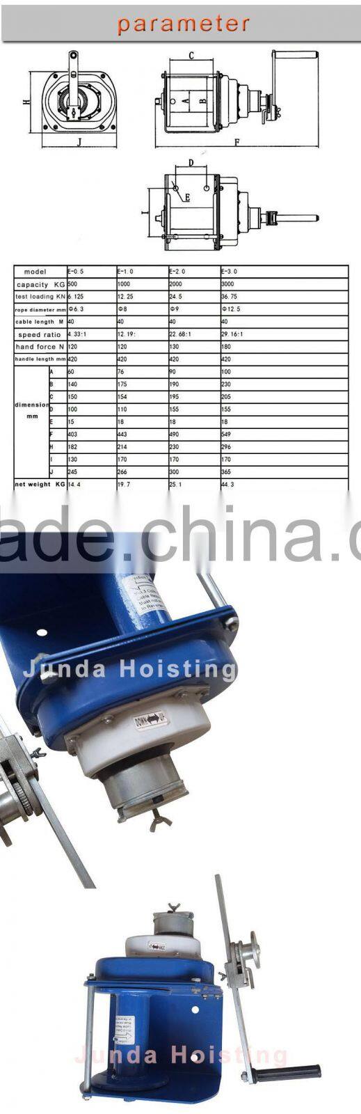 good performance durable heavy duty hand winch with brake , capacity 3000KG