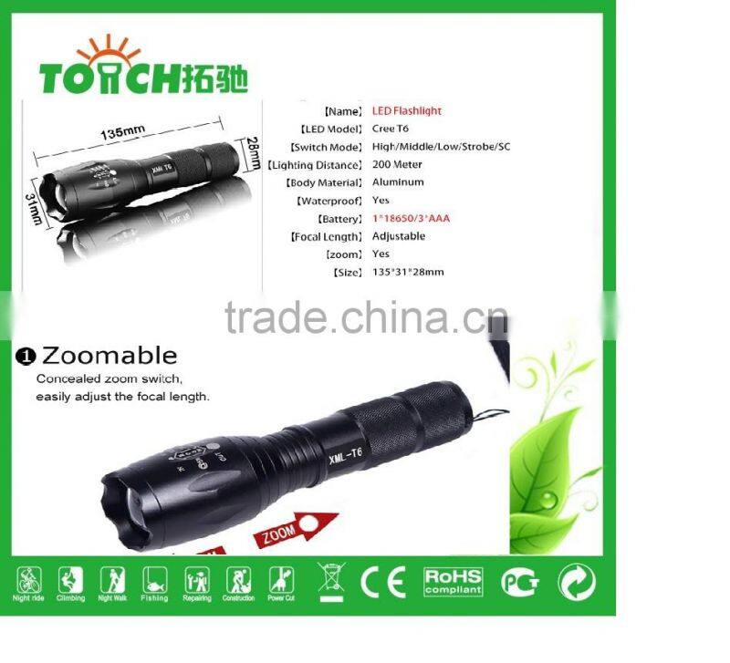 2000 Lumens XML T6 LED Flashlight Zoomable 1* 18650 self defense LED Flashlights