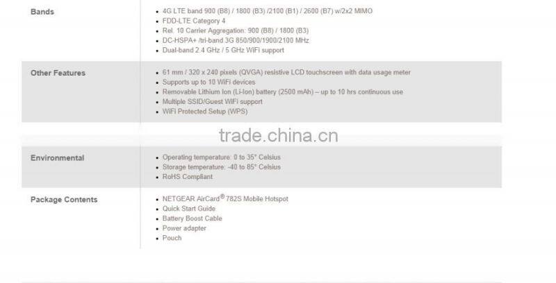 AirCard 782S Mobile Hotspot 4G Category 4 FDD-LTE Band 900 (B8) / 1800 (B3) /2100 (B1) / 2600 (B7) w/2x2 MIMO pocket wifi Modem