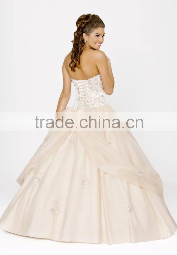 New Design Sweetheart Floor Length Applique Champagne Stain Quinceanera Dress HAQ-004