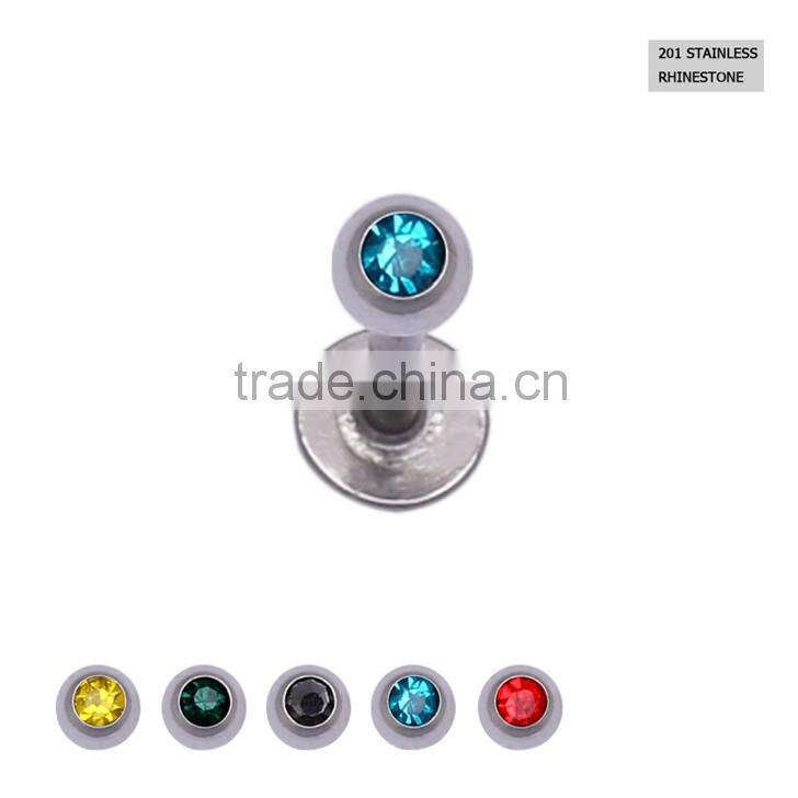 Hot Selling Fashion Gem Ball Flat 201 Stainless Steel Labret Piercing Jewelry