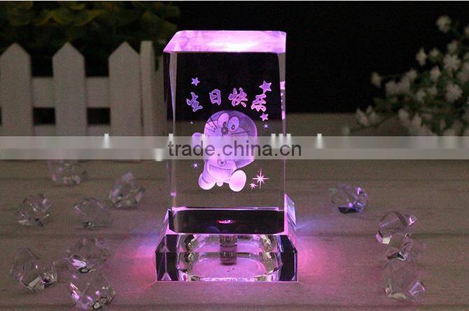 3d Laser Engraved Crystal Doraemon Cube with LED light base ,3d laser crystal cube Doraemon