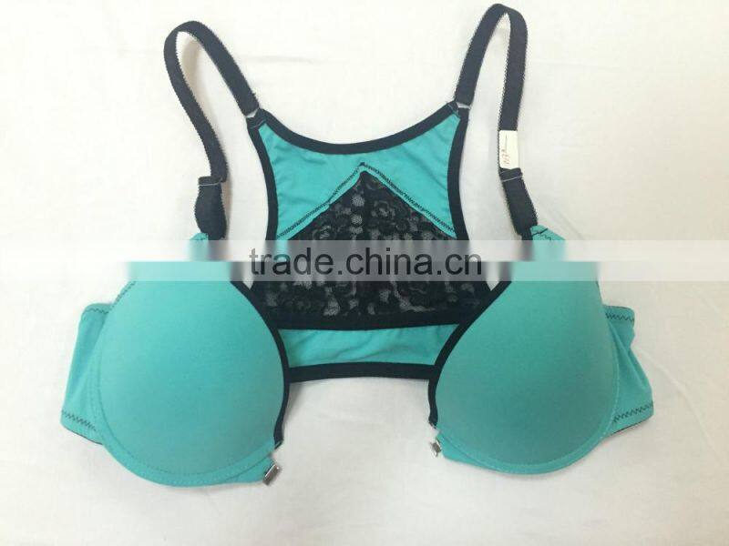 2016 Most Fashion V Shape Underwear Girls Sports Front Closure Bra With Black Lace