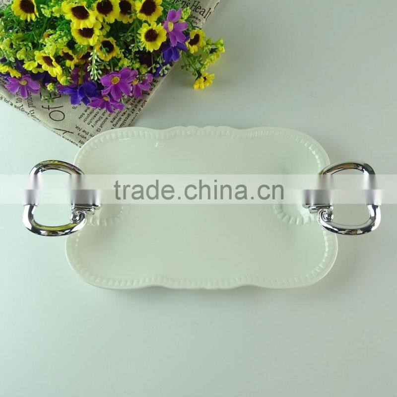 Stock Square white porcelain fruit plate with sliver handle, cheap dinner plate , home plate