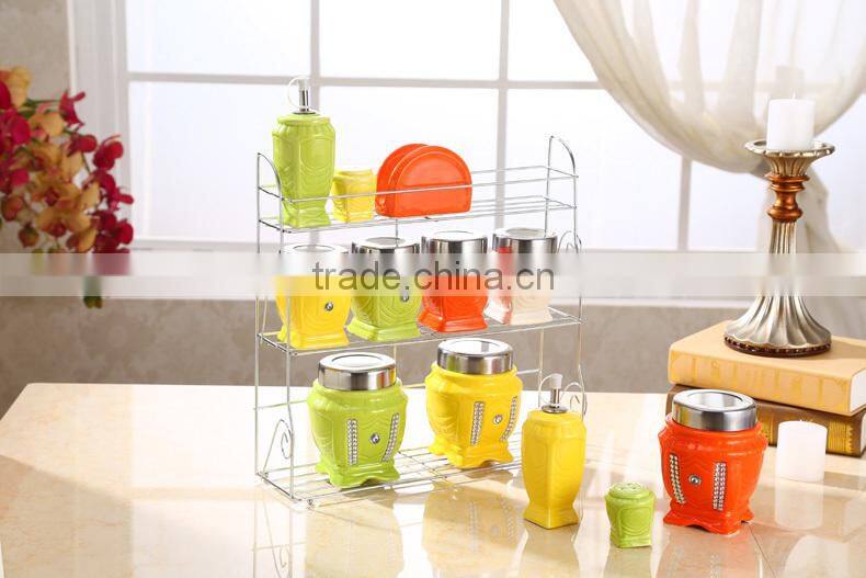 colour ceramic canister set with stainless metal stand