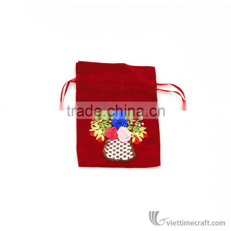Hand embroidered bag with drawing string, elegant designs, various colors to choose