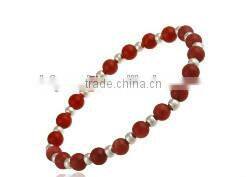 wholesale 7" strech style 7mm cheap custom round red coral bracelet with 3mm silver tone spacers