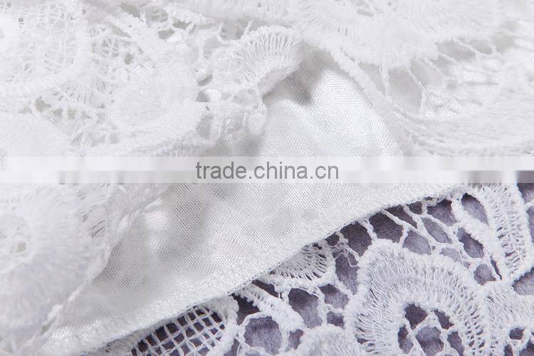 High collar long sleeve Knee length white lace dress