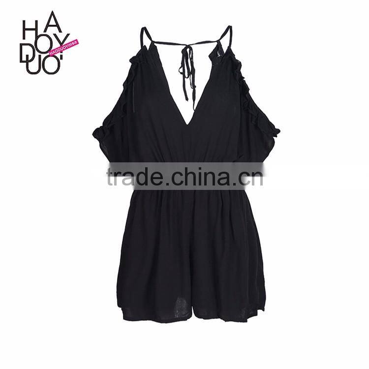 HAODUOYI Women V Neck Halter Neck Stretch Waistband Off Shoulder Culotte Jumpsuit