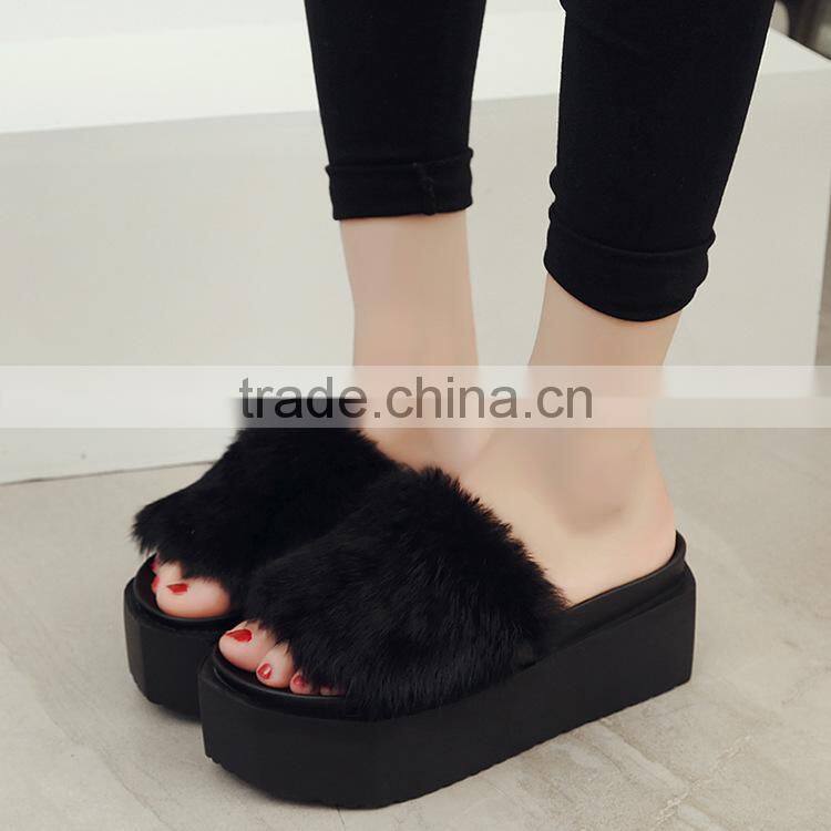 2017 High-Heeled Rabbit Fur Slippers Women Fashion Autumn Winter Fur Slides Platform Women Shoes Fslipper-4