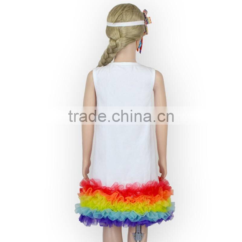 Summer Girls Sleeveless White Above Knee Dress With Colorful Rainbow Tulle Hem