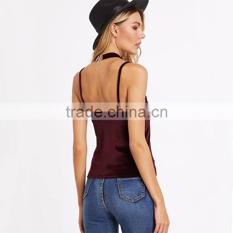 Velvet V-neck top with choker, ladies sexy tank top