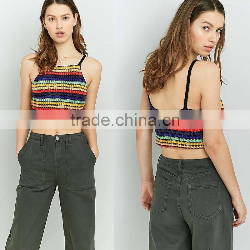 Distinctive off-the-shoulder spaghetti straps rainbow midriff cropped cami tank