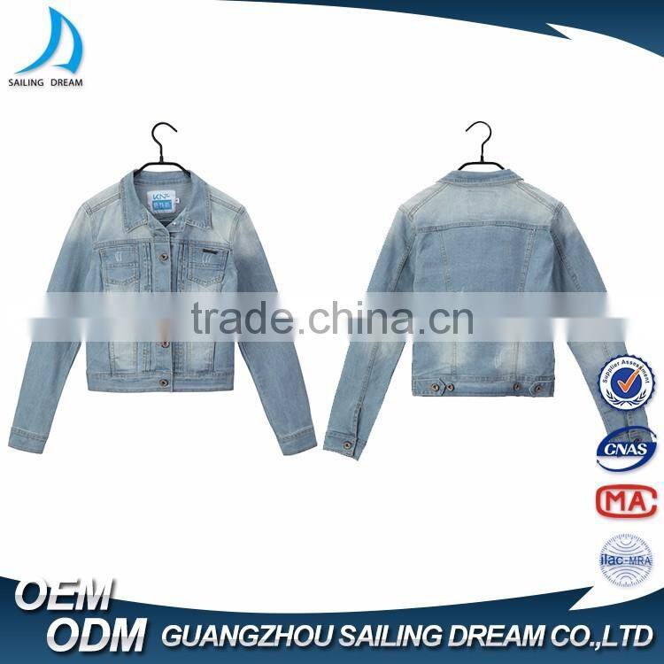 Guangzhou apparel factory hot sale color fade proof women jeans denim jacket