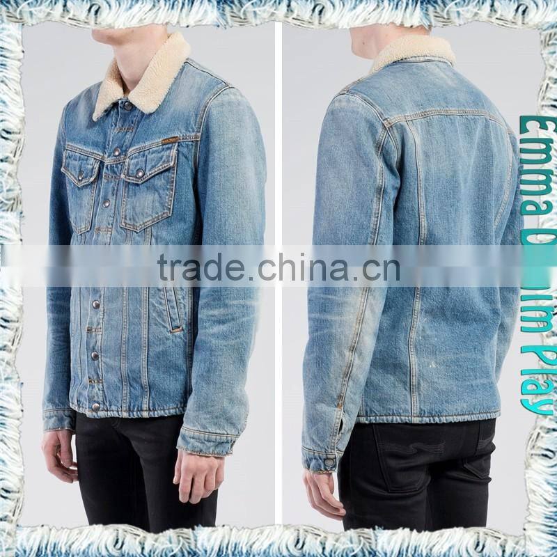 Vogue Style Mens Turn-down Collar Slim Fit Design Fleece Lined Denim Jacket