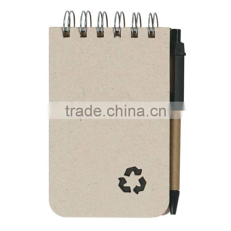 Hard kraft card cover spiral winding pocket recycle notebook 70grams 80sheets 8.5*12.5cm with paper pen and recycle logo cutout