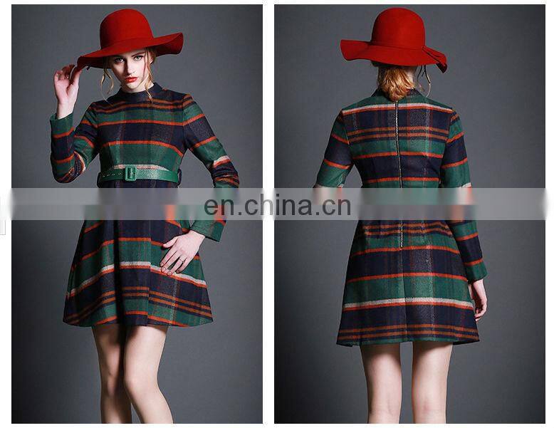 striped quality temperament checker skirt / A line long sleeve skirt