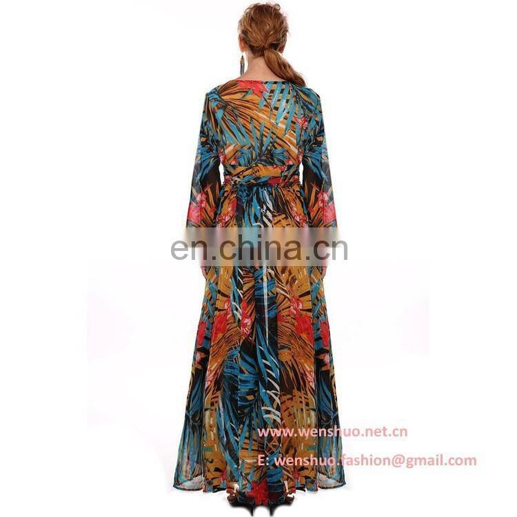 Hot Selling Big Flap Printed Long Sexy Women Chiffon Dress