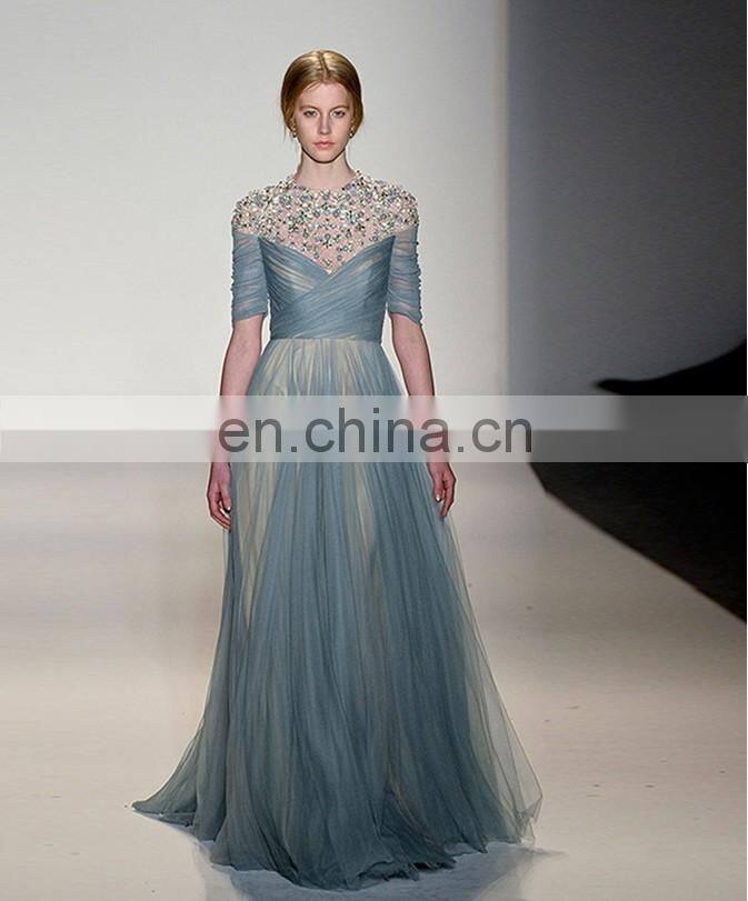 Wholesale Luxury Sequin Blue Half Sleeve Wedding Annual Party Evening Dress