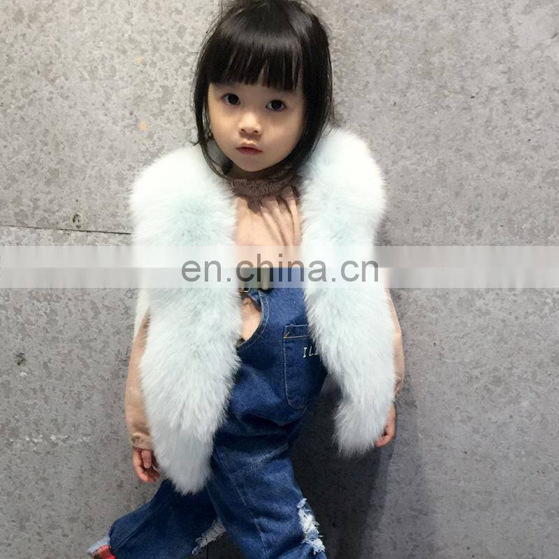 2016 European Winter New Girls Light Blue Cute Plush Real Fox Fur Kids Fur Vest