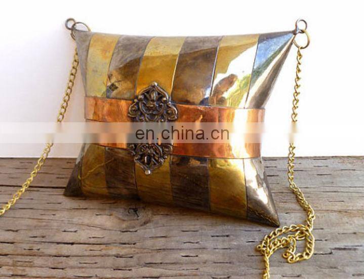 Vintage Decorative Brass and Copper Pillow Purse with Velvet Interior