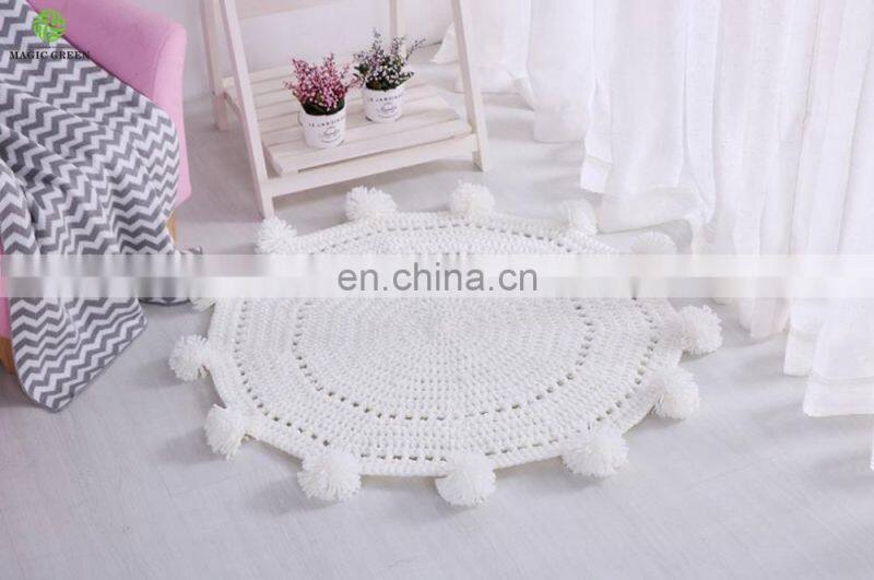 wholesale cotton round shape pom pom decor hand crochet baby kids living room floor game area large nursery rug mat blankets