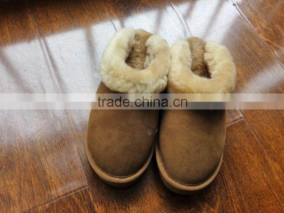 warm plush fur collar cow suede upper sheepskin lining men leather slipper