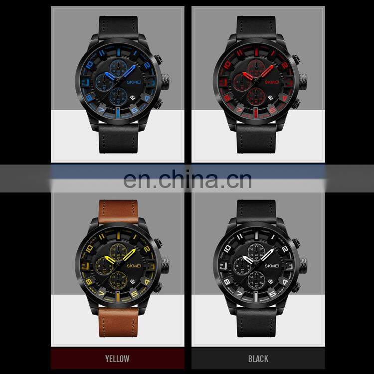 SKMEI 1309 my brand name logo custom printed watch automatic stopwatch stainless steel case back water proof watch leather band