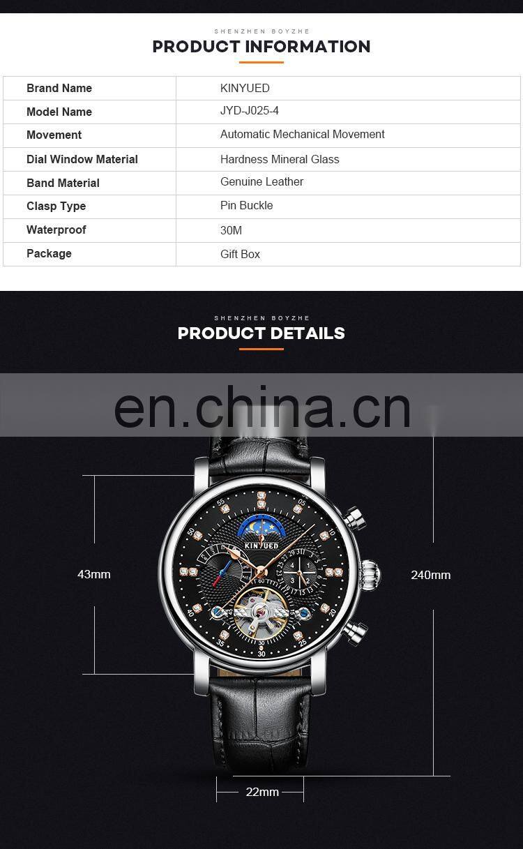 KINYUED J025 Automatic Watches Men Luxury Brand 2018 Mechanical Skeleton Watch Mens Moon Phase Calendar Sport Male Clock add Gif