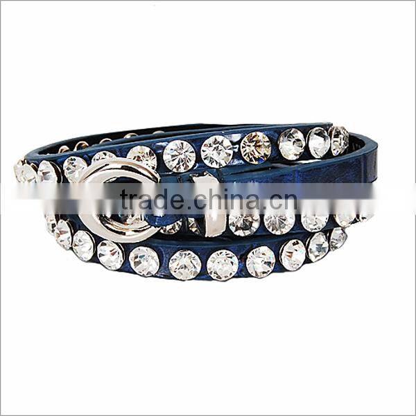 Wholesale Women's One Line Rhinestone Navy Leather Stud Accent Belt