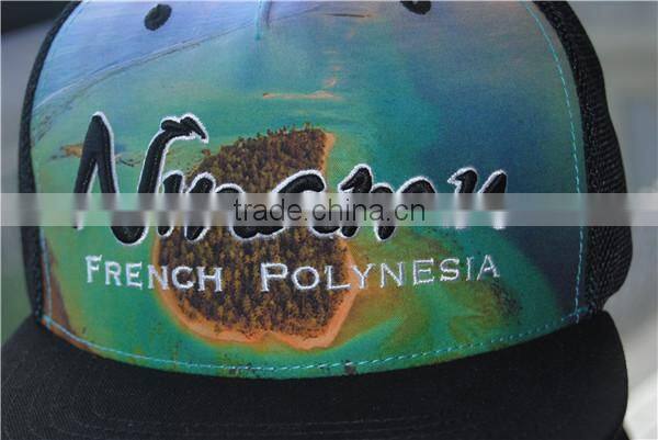promotional sublimation printed 3d embroidery logo flat brim mesh hat