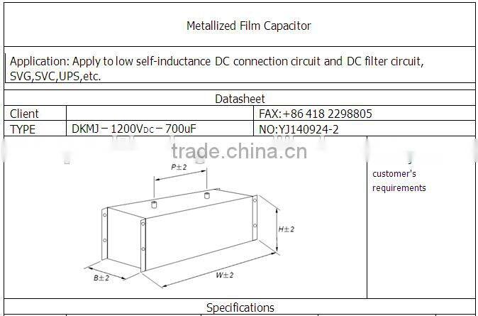 Apply to low self-inductance DC connection circuit and DC filter circuit 1200V Capacitor
